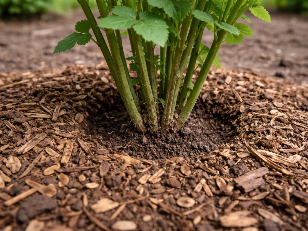 Mulch pulled back from a plant crown, leaving a visible gap around the stems.
