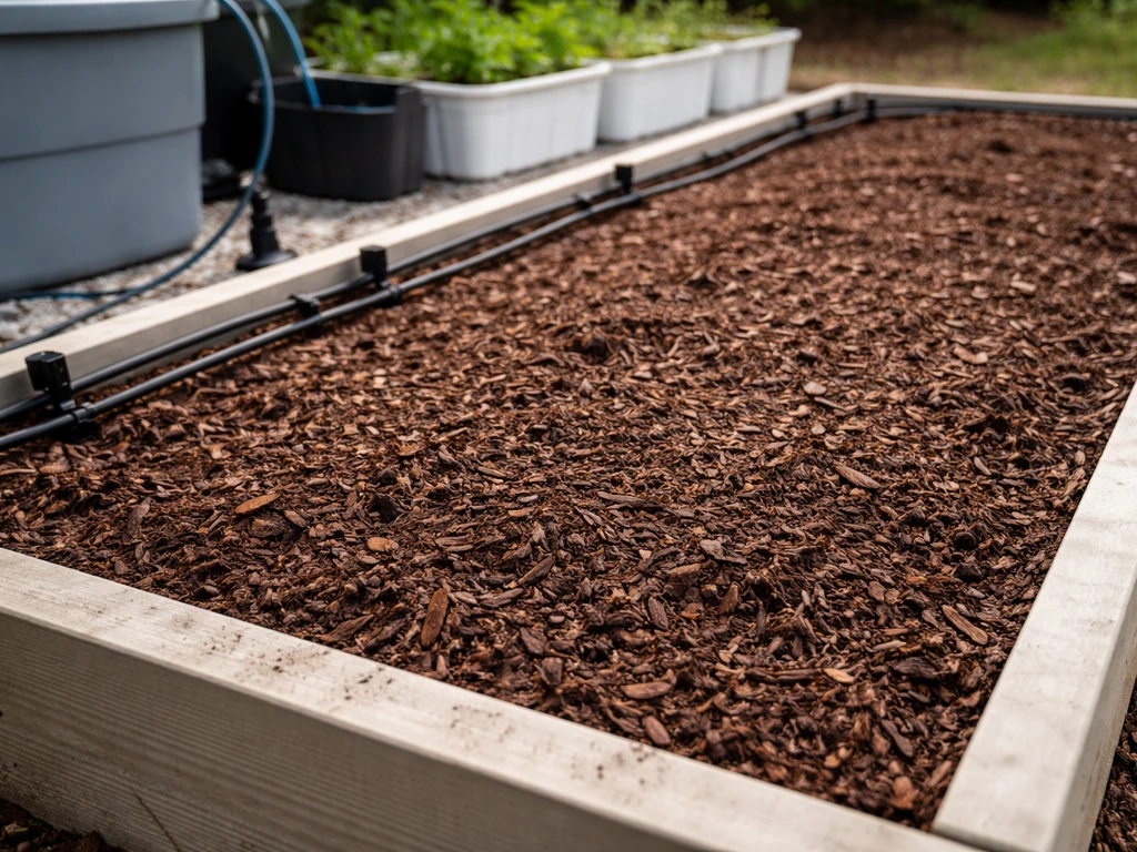 Mulch top-dressed on a raised bed with nearby hydroponic drip lines and clean container garden setting.