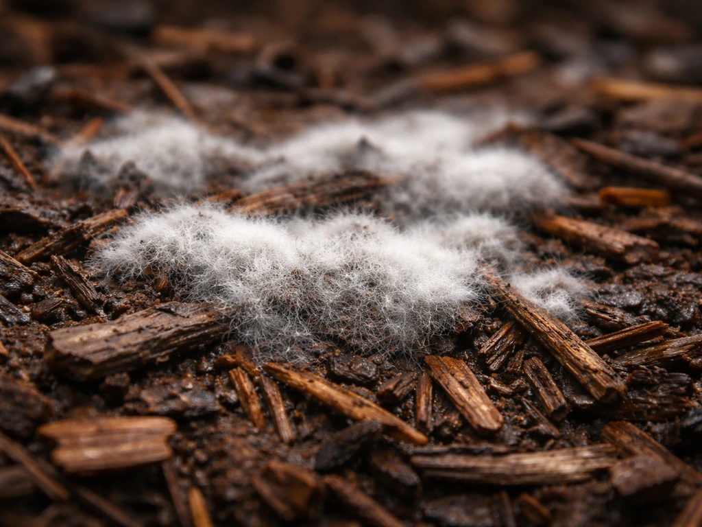 Close-up of wood mulch with typical white-gray fuzzy mold after wet weather.