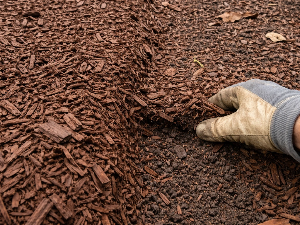 Garden bed with mulch piled too deep forming a thick, compact mat over soil, next to a shallower layer