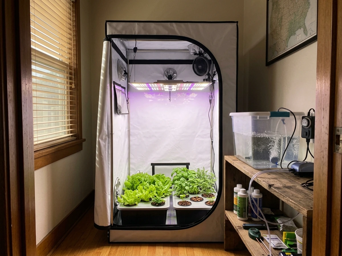 Indoor hydroponic system setup with reservoir, air stone, net pots, and LED lights in a grow tent