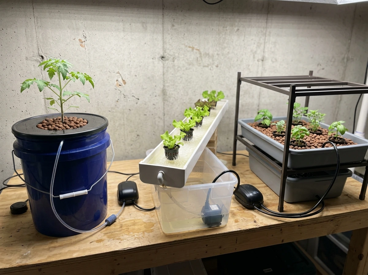 Hydro system types laid out side-by-side to match space and crops