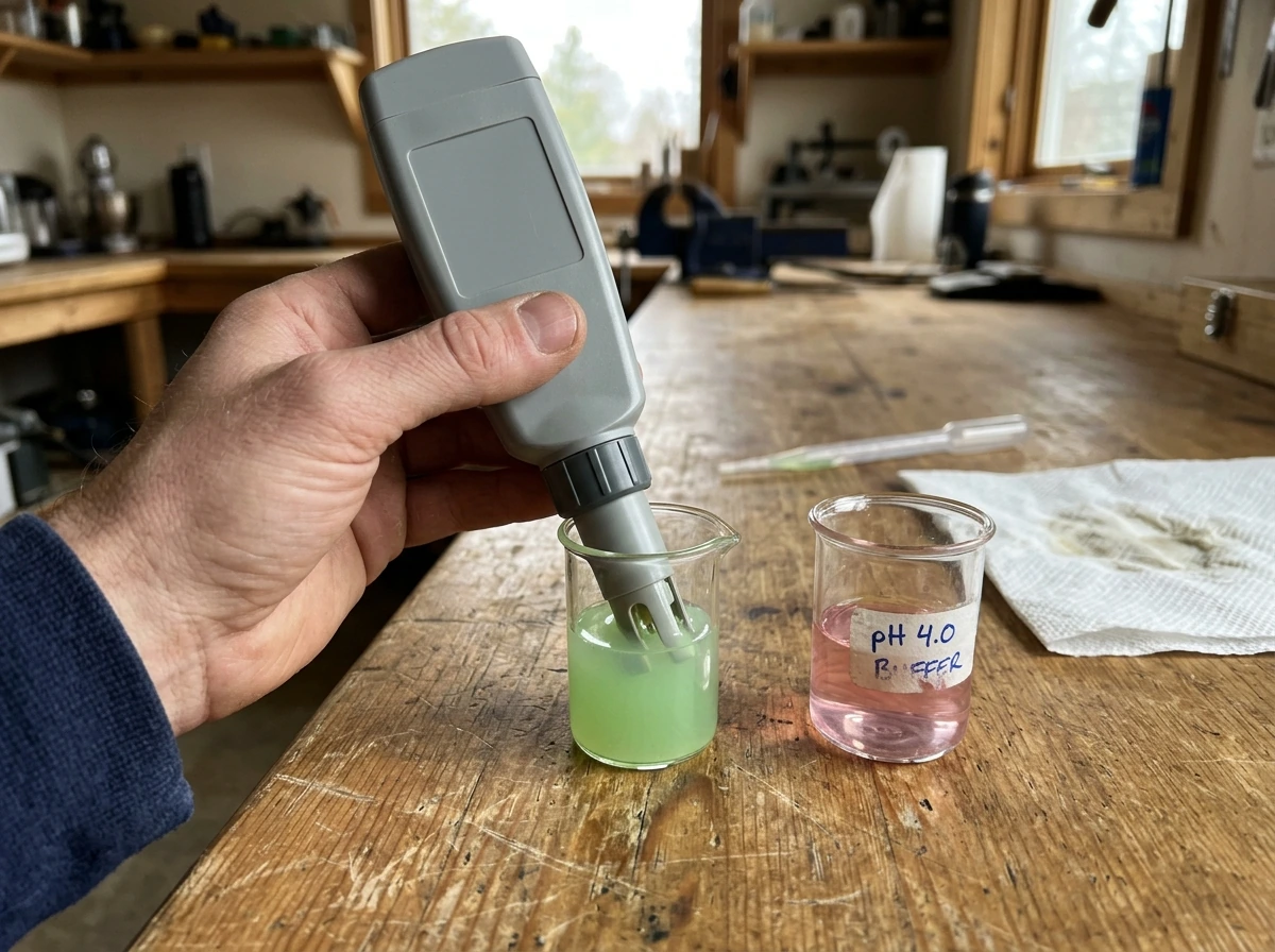 pH meter being calibrated with buffer solutions
