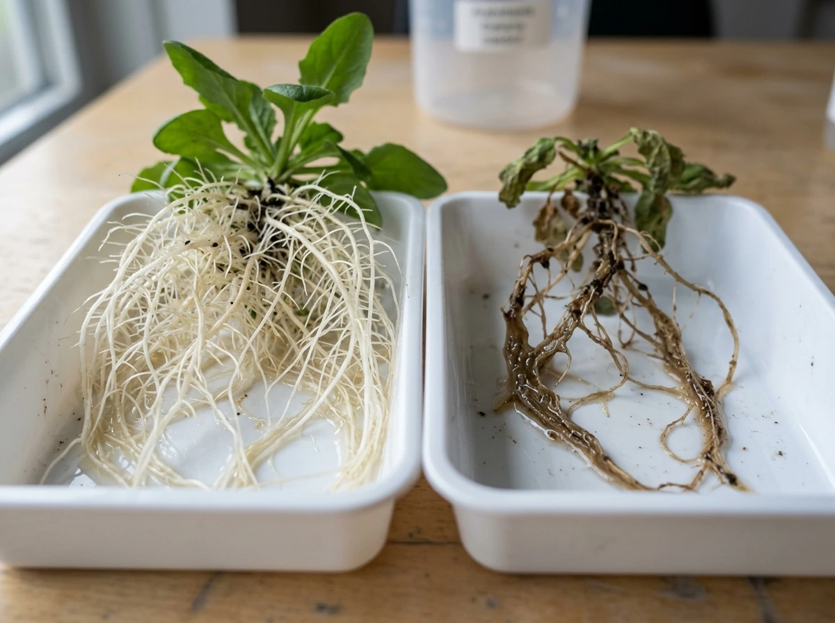 Healthy white hydro roots versus brown slimy rot roots