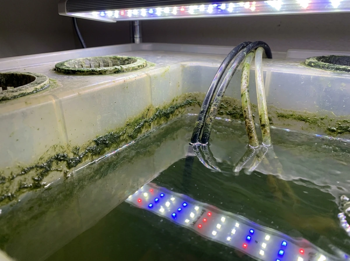 Algae growth on reservoir wall and tubing