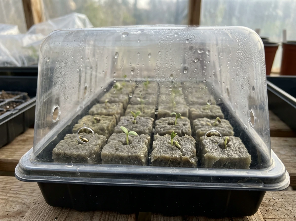 Seedling rockwool cubes under a humidity dome