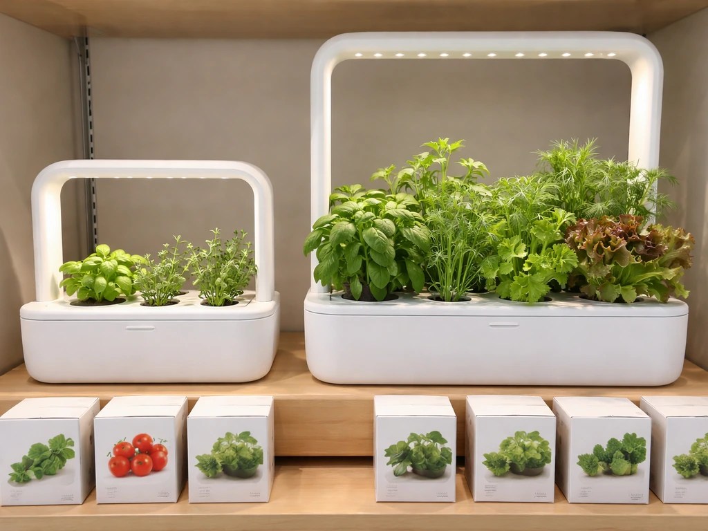 Two smart garden devices on a store shelf with several pod refill containers beside them.