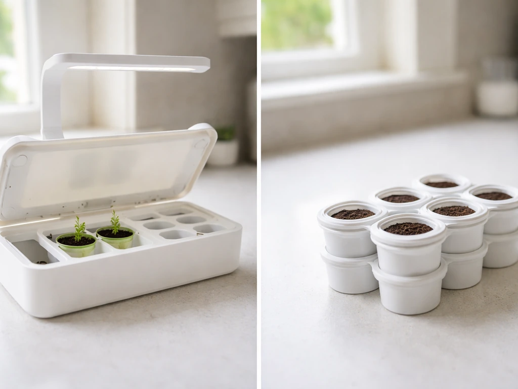 Side-by-side starter kit and refill pods on a simple kitchen counter.