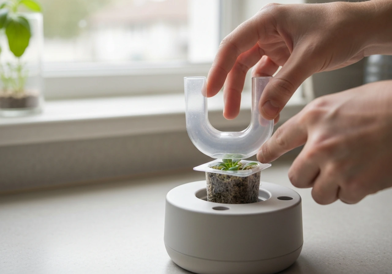 Hands inserting a plant pod into an indoor garden base cavity and placing a U-shaped dome correctly.