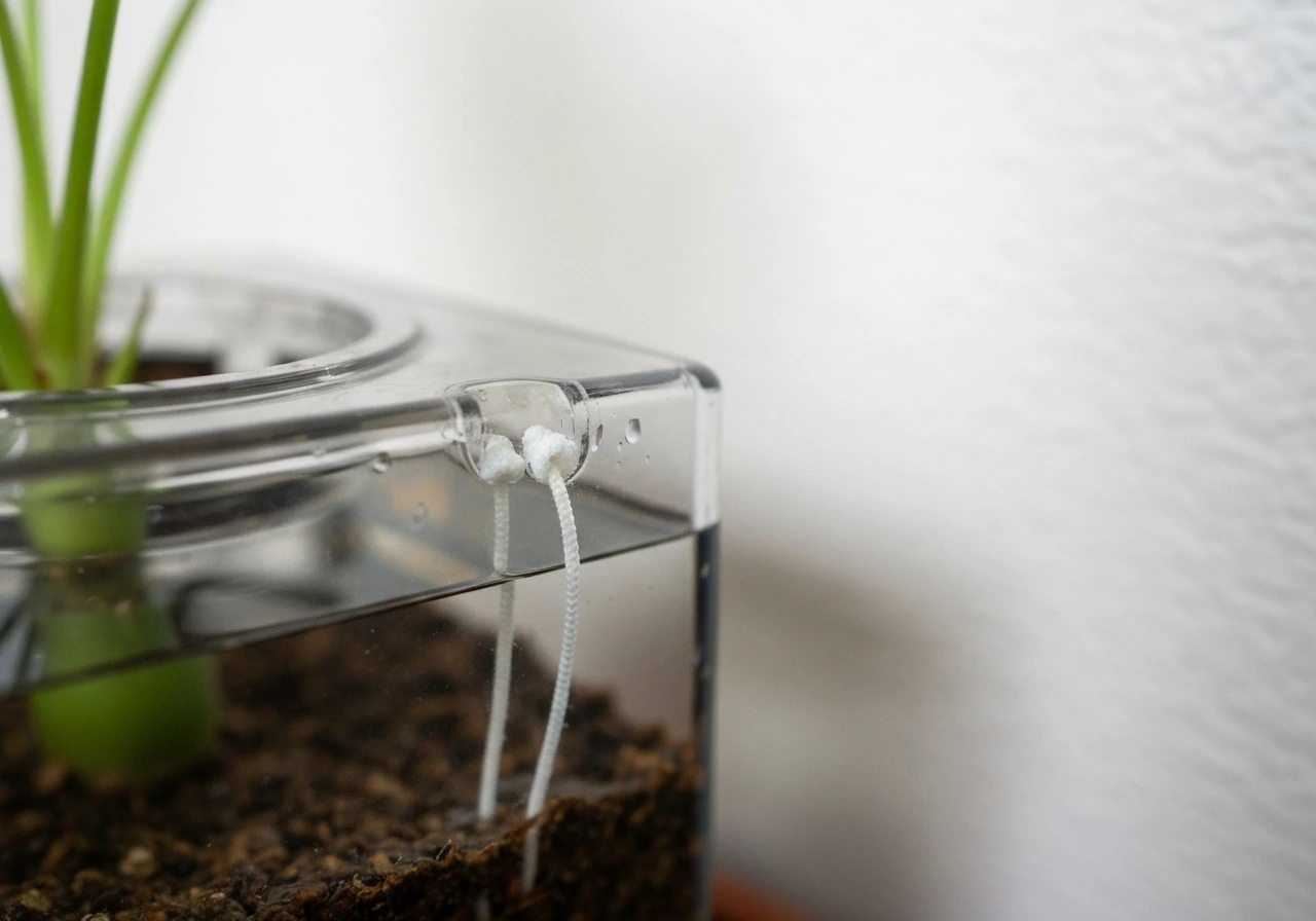 Close-up of a self-watering reservoir waterline and wick path with subtle limescale near the wick entry.