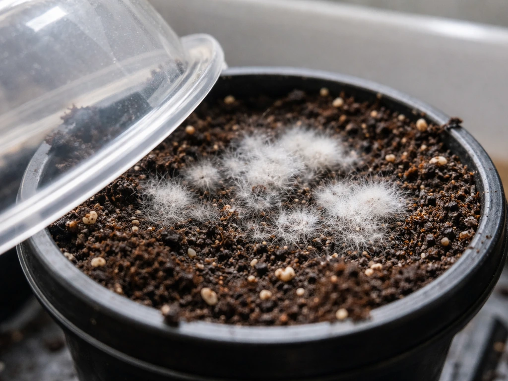 White fuzzy mold on dark soil in a small indoor pod dome, dome pushed aside to improve airflow.
