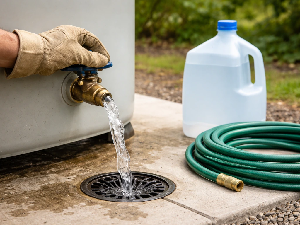 Gloved hand draining a small water reservoir with water flowing, with jug and hose ready to refill.