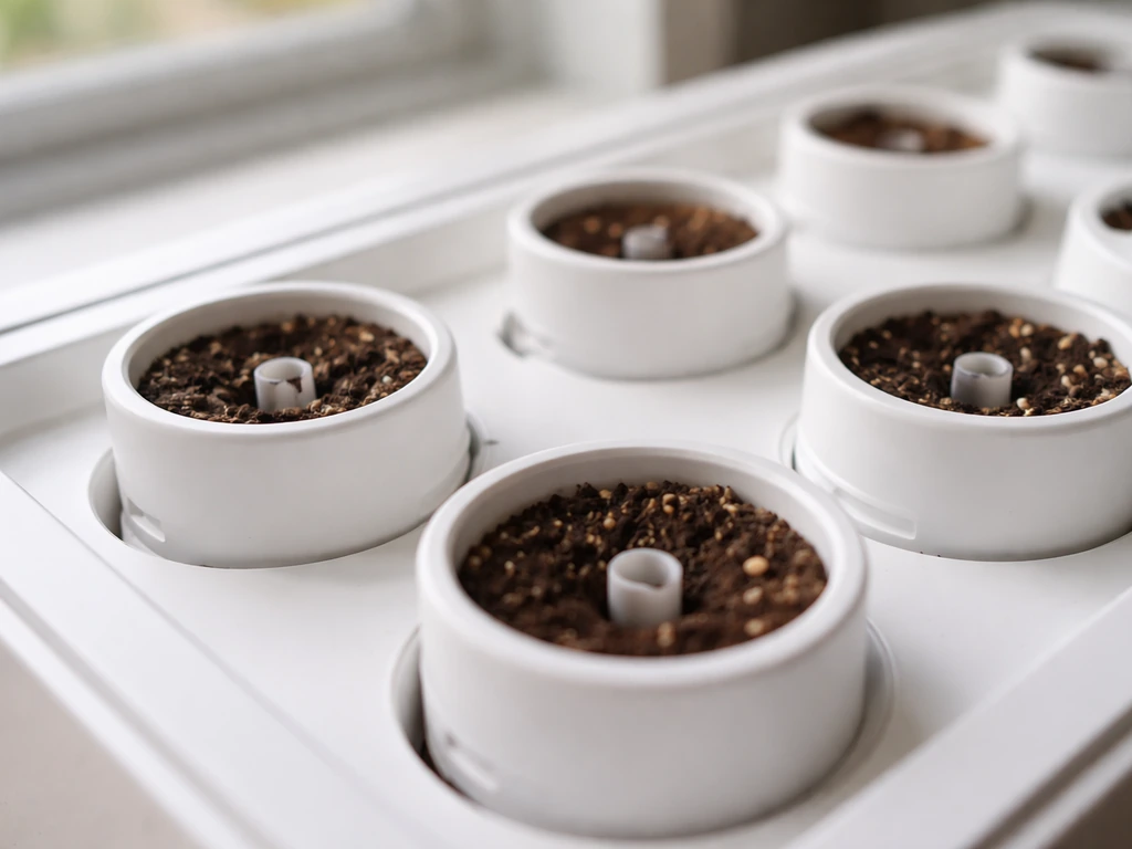 Close-up of several smart soil plant pods with wick holes in a countertop Click & Grow unit