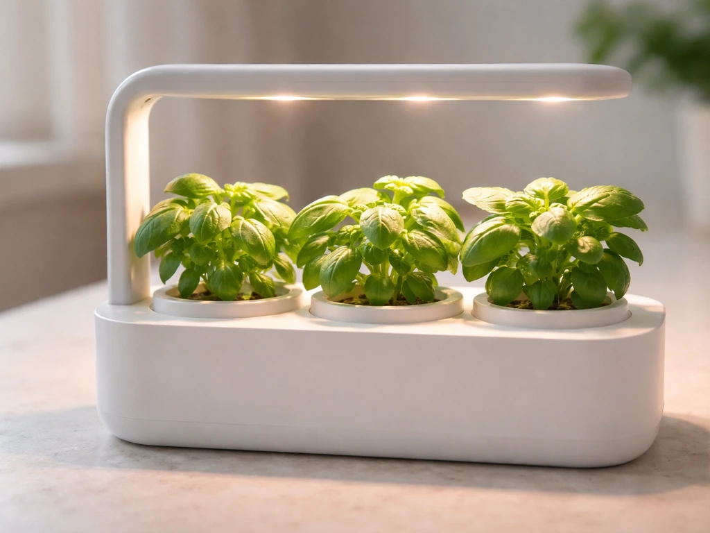 Close-up of compact herb grow pods with basil-like seedlings under the device light