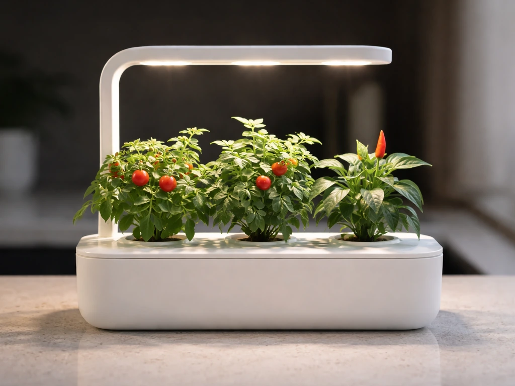 Indoor Click & Grow pods with mini tomato, pepper, and chili plants showing early fruits under an LED light.