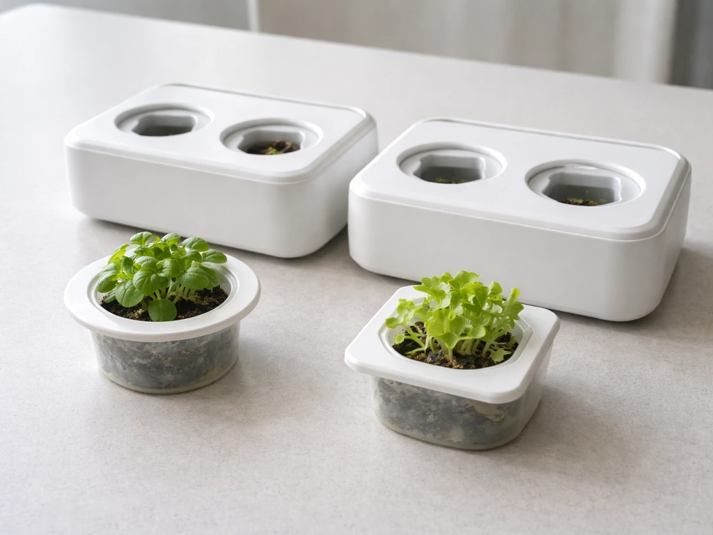 Two plant pods with different connector styles aligned next to matching device openings on a tabletop.
