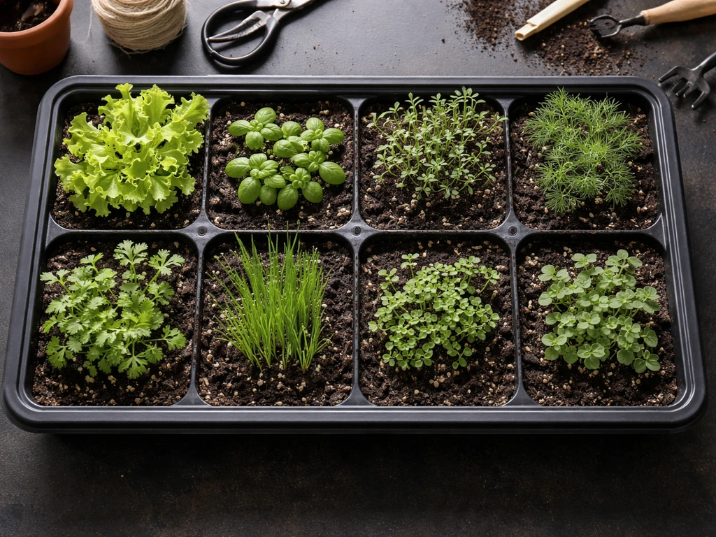Top-down view of seed trays with distinct pod types of herbs and greens in separate sections