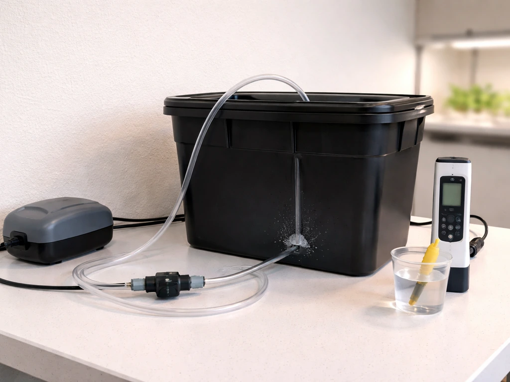 Opaque reservoir with submerged air stone, inline valve tubing, and pH/EC meter on a clean grow bench.
