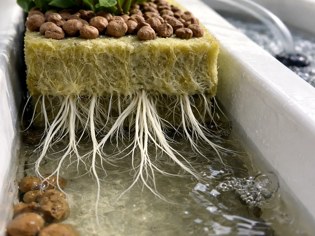 Close-up of rockwool and clay pebbles with white hydroponic roots and subtle aeration bubbles.