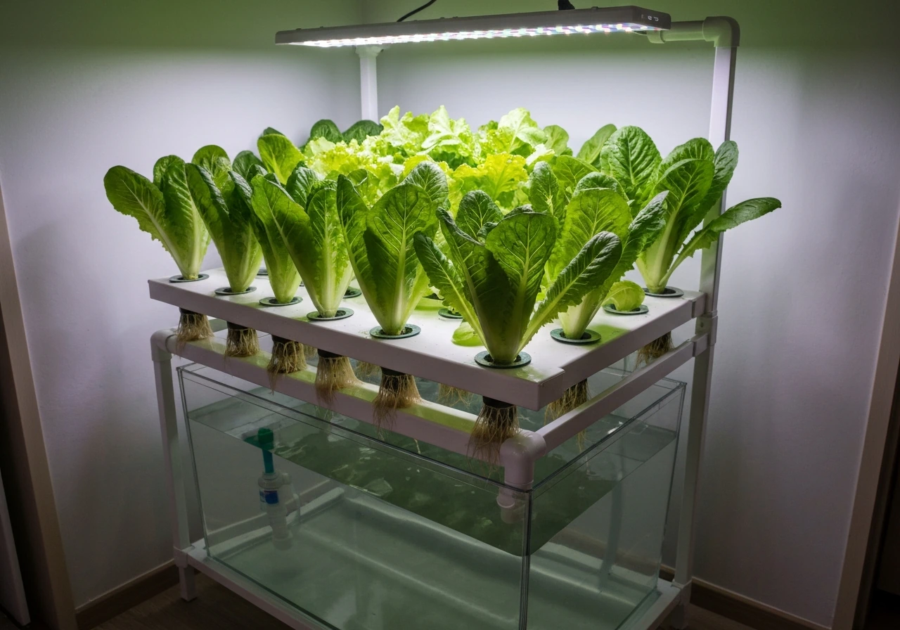 Indoor hydroponic system with leafy greens in net pots over nutrient channels and a clear reservoir tank.