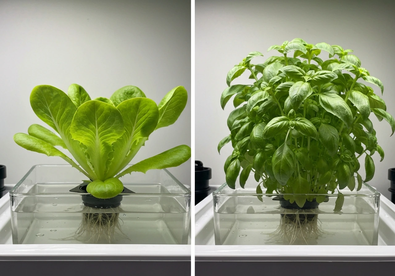 Two-frame home hydroponic lettuce and basil thriving with clear roots in a simple reservoir.