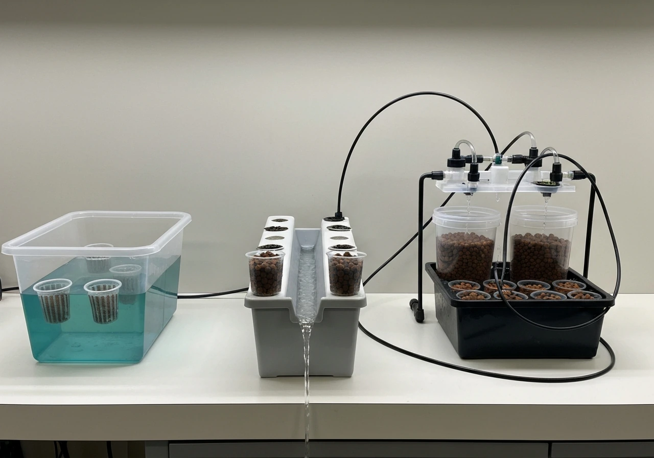 Three small hydroponic setups on a bench showing DWC reservoir, NFT channels, and drip/ebb-and-flow cups.