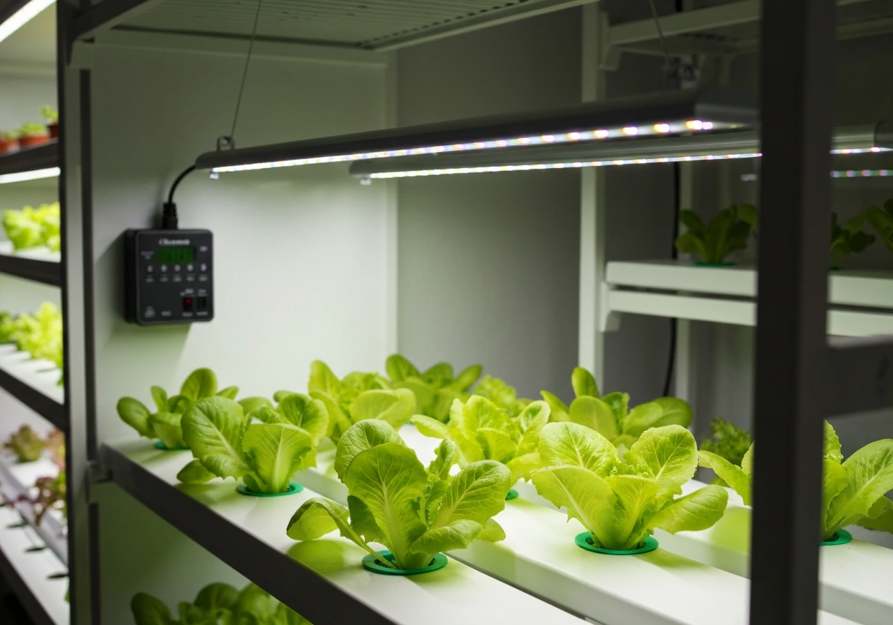 Hydroponic grow light shining over leafy green lettuce with a small timer/controller beside the rack.