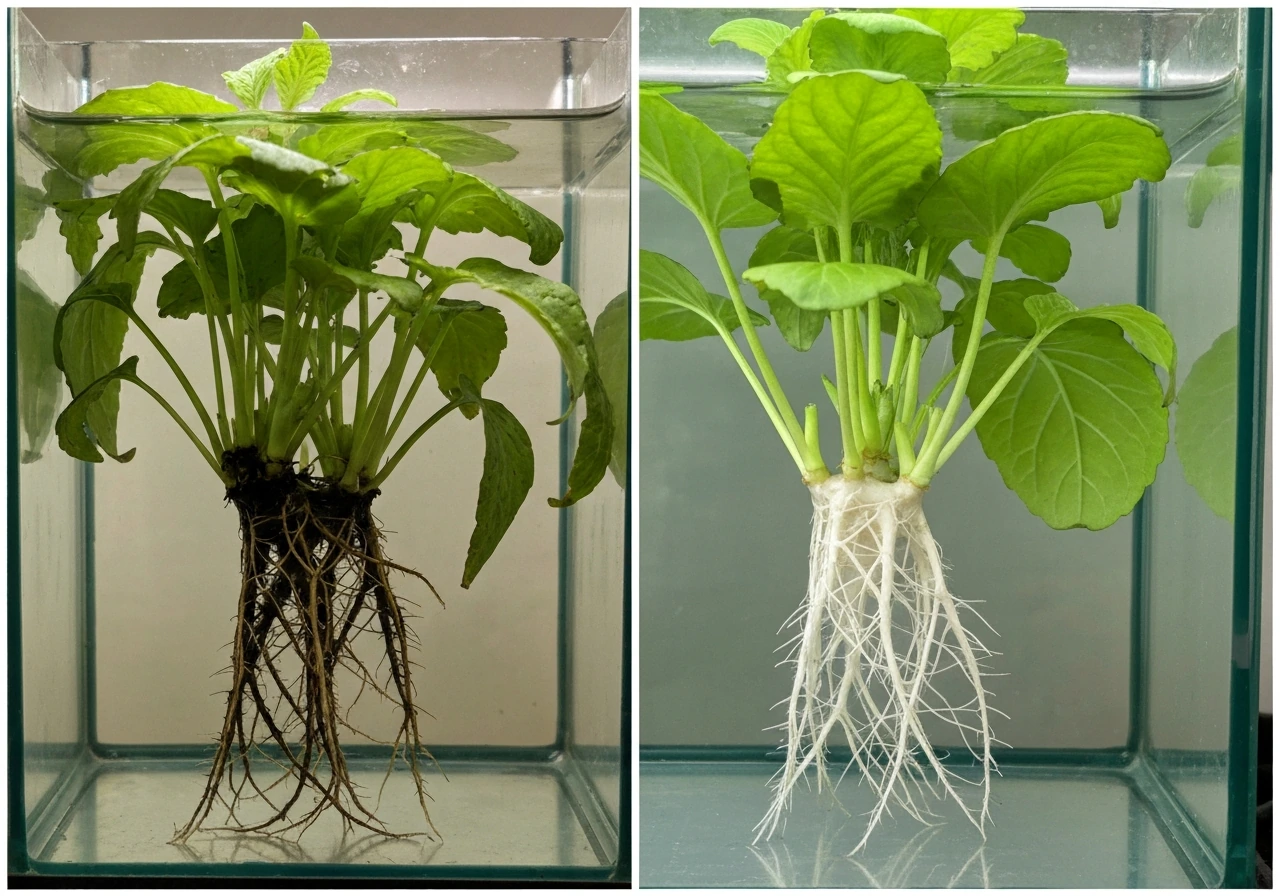 Side-by-side DWC tanks: dark oxygen-poor roots vs bright white healthy roots with matching leaf health.