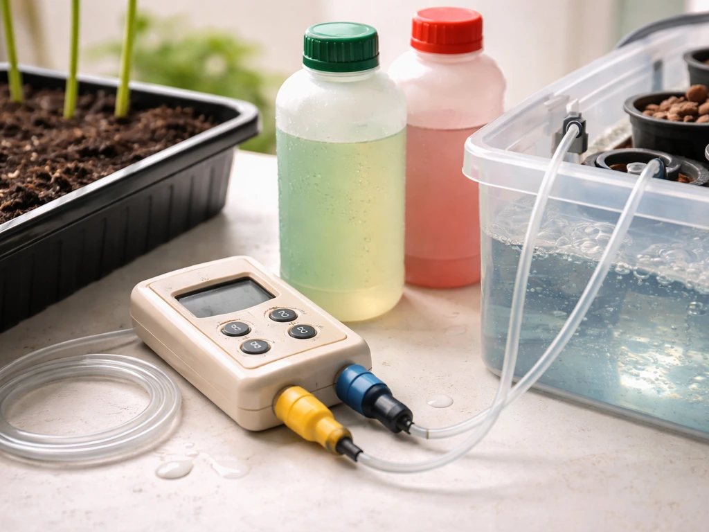 Side-by-side soil and hydroponic nutrient setup with pH/EC meter, tubing, reservoir, and media.