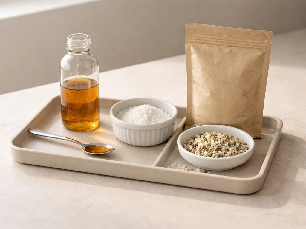 Minimal tray showing liquid concentrate, dry salt crystals, and pre-blended fertilizer granules for soil vs hydroponics