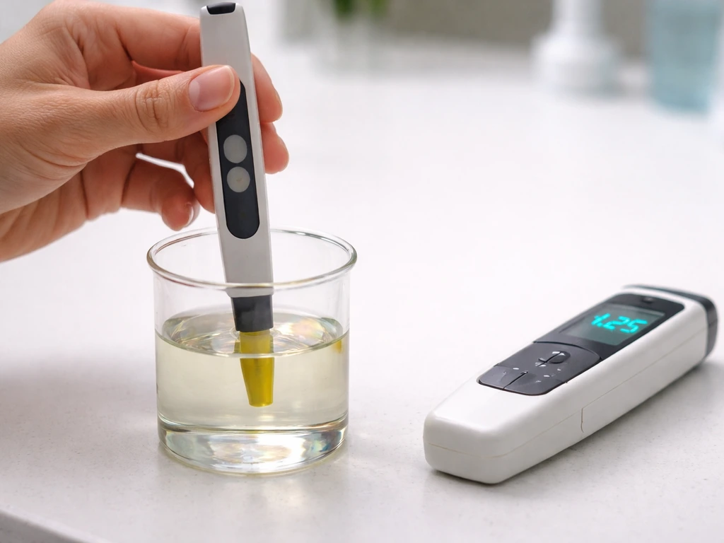 Close-up of a pH meter probe in solution with a nearby EC meter showing a glowing reading.
