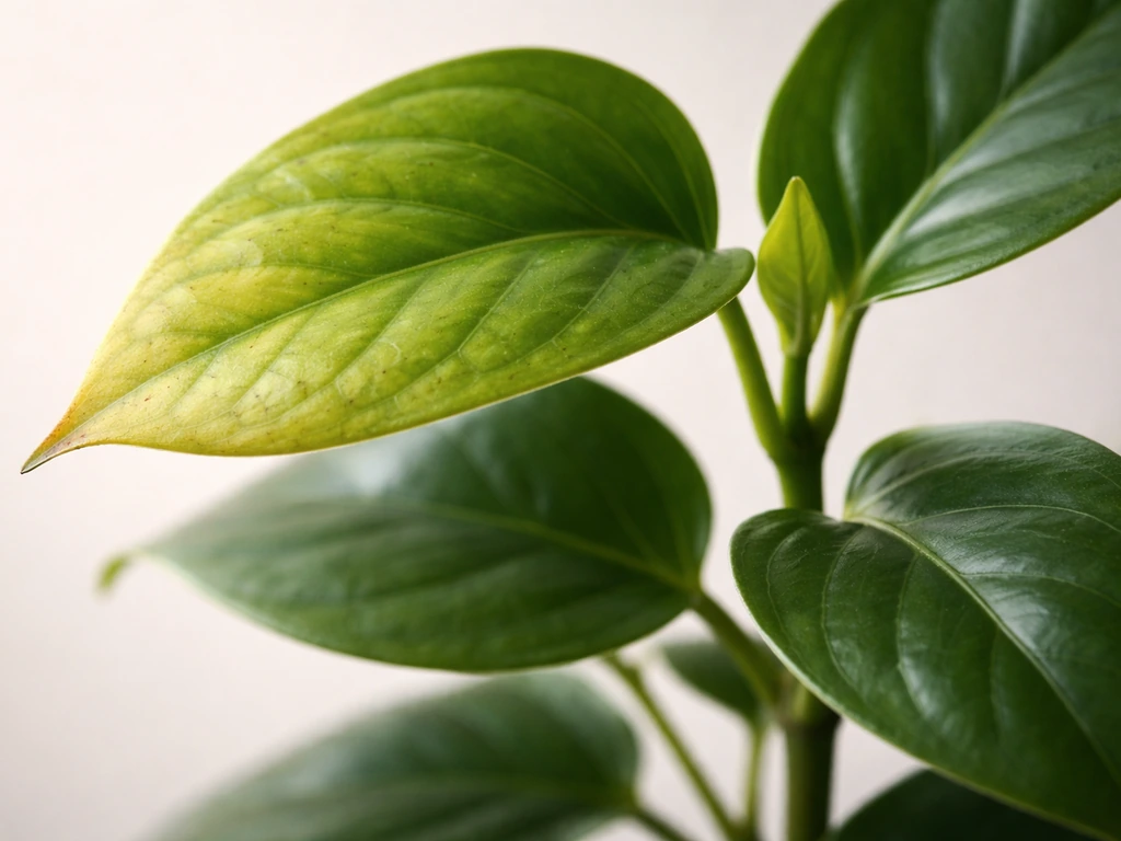 Close-up of plant leaves showing older yellowing and newer greener growth to suggest nutrient movement differences.