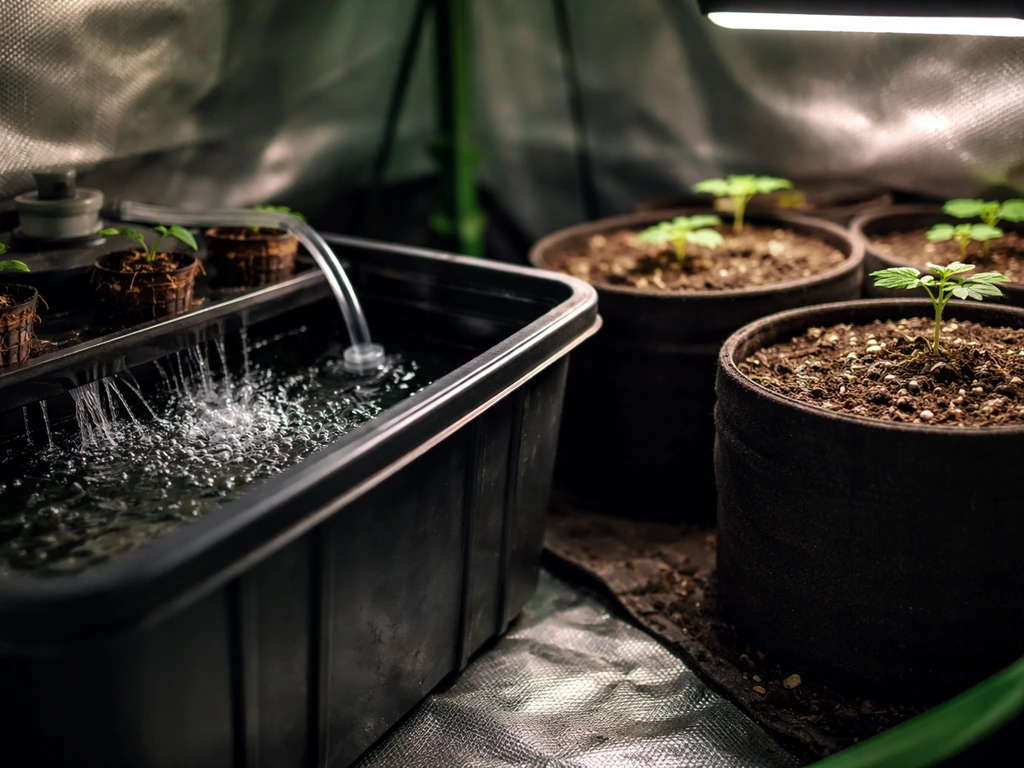 Hydro reservoir with bubbling air stone beside potted soil inside a quiet grow tent.