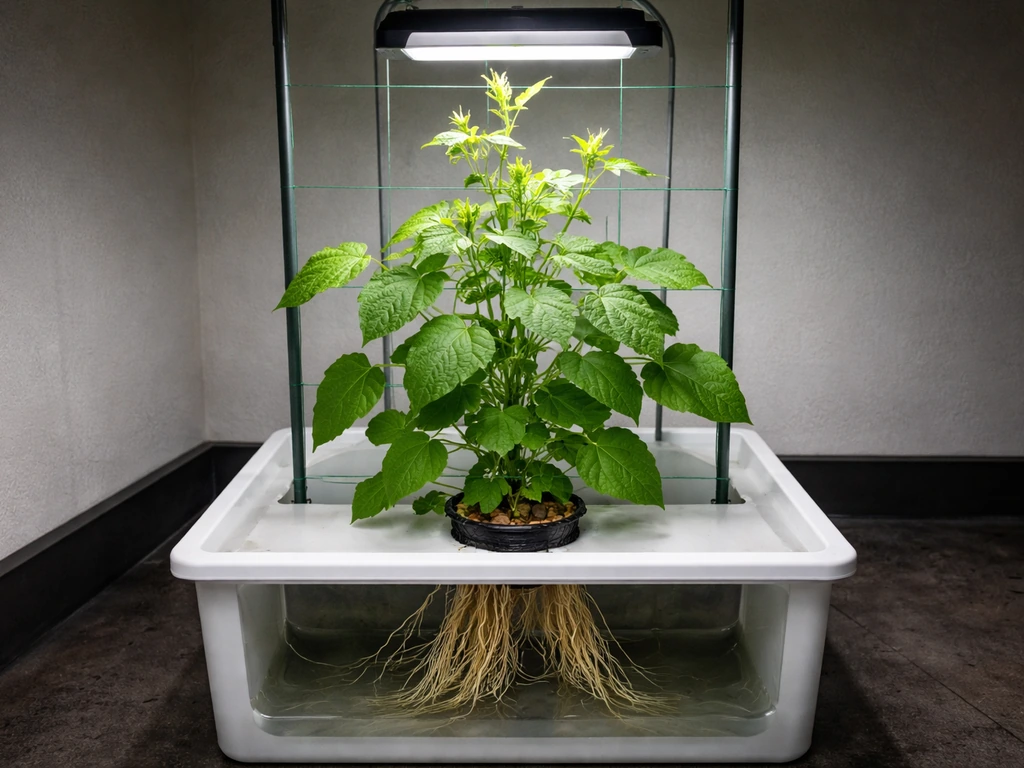 Healthy green hydroponic bean plant with trellis support and bright grow light above roots.