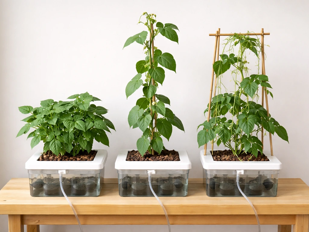 Three hydroponic bean plants in separate containers showing bush, pole, and filet growth habits side by side.