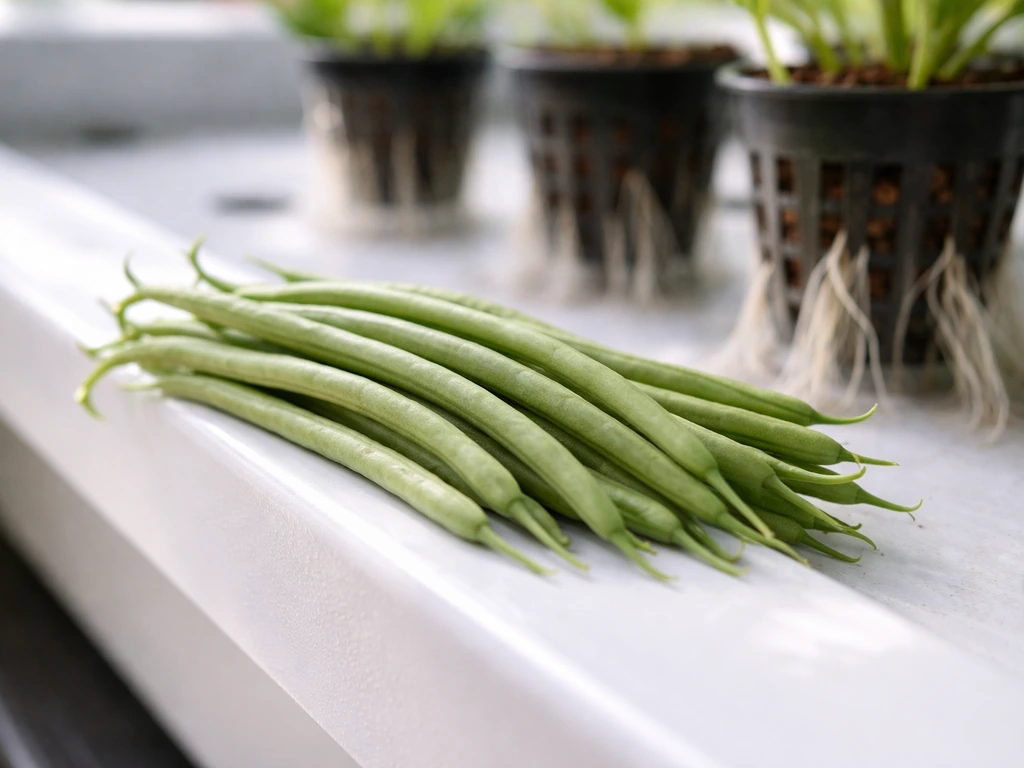 Close-up of slender young French filet bean pods near hydroponic net pots with soft background bokeh.