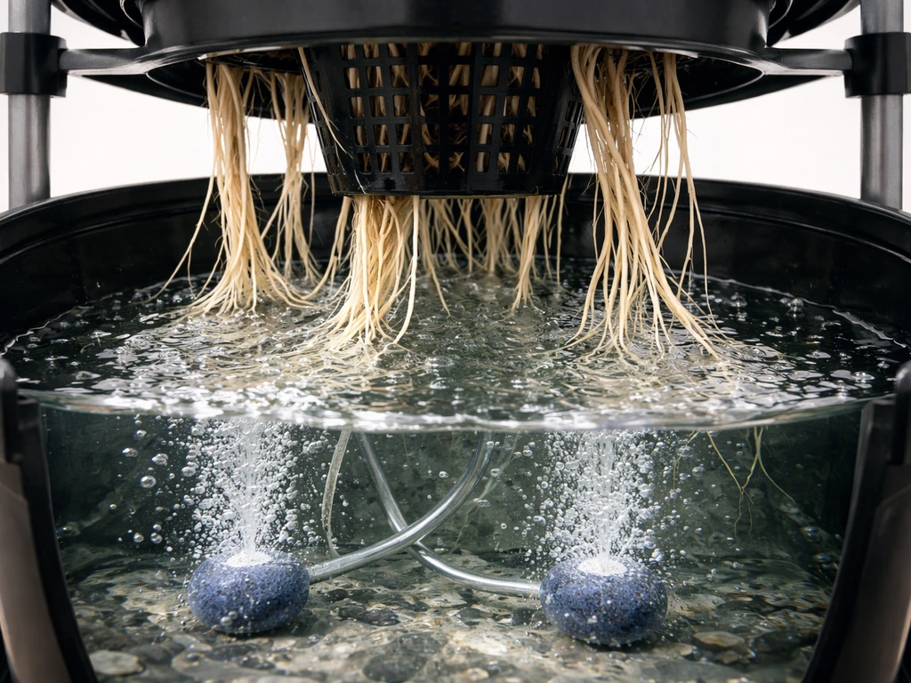 Bean plant roots suspended in an aerated hydroponic DWC bucket with bubbles from air stones.