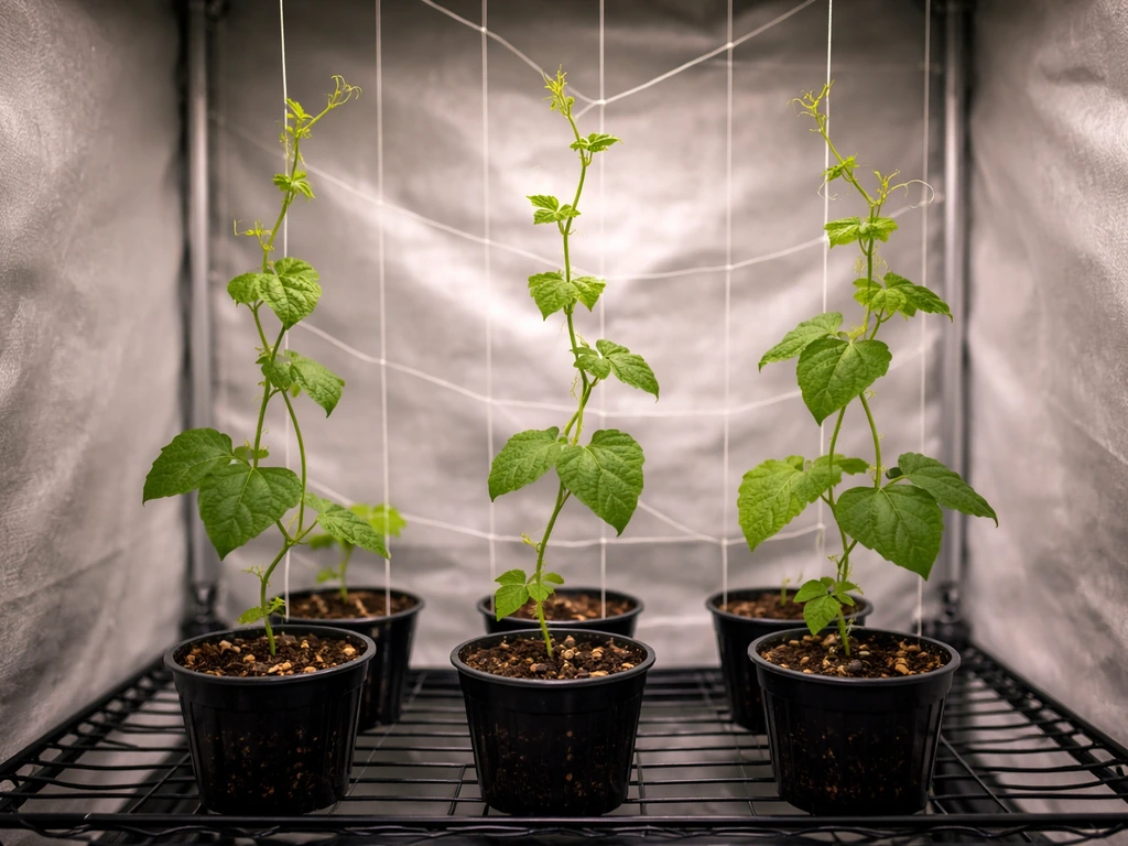 Climbing pole bean stems trained on a simple string trellis in a small grow tent