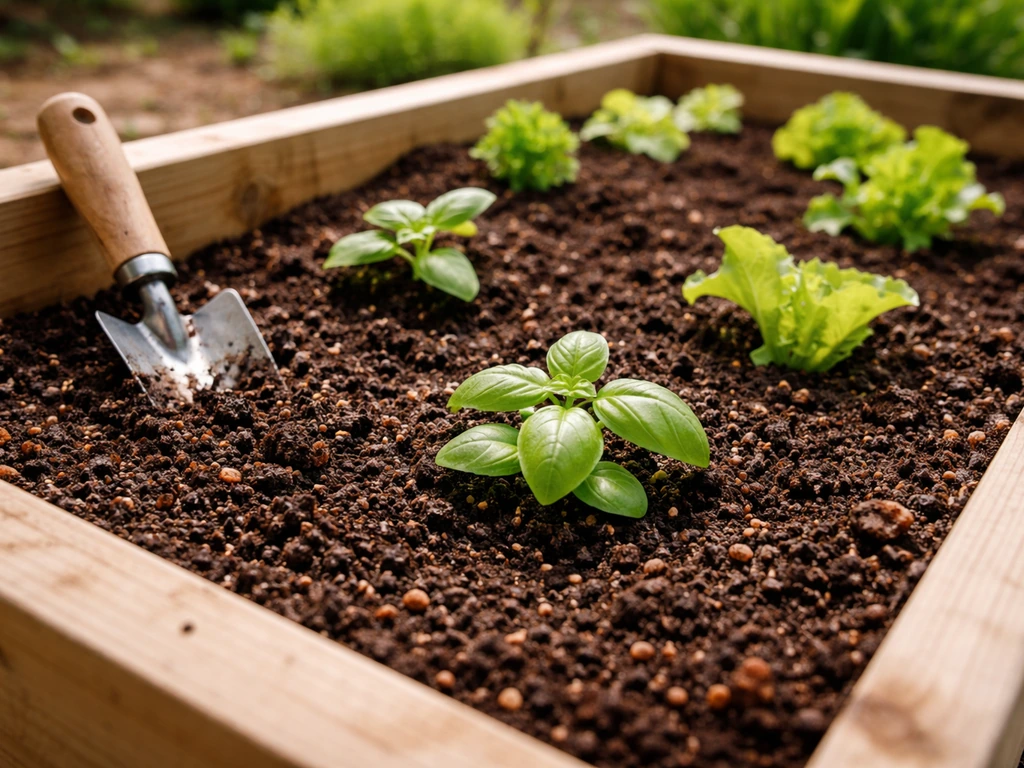 Freshly amended raised garden bed with thriving seedlings in dark, crumbly soil under natural light.