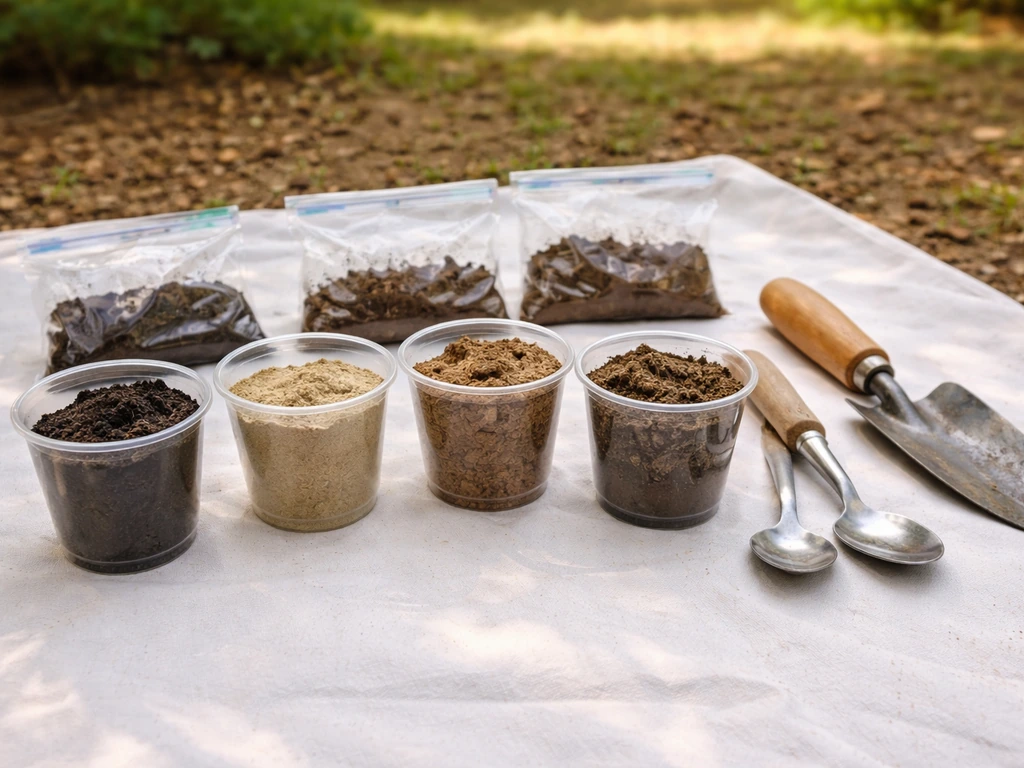 Handful of mixed garden soil samples in small containers on a tarp outdoors for simple soil assessment