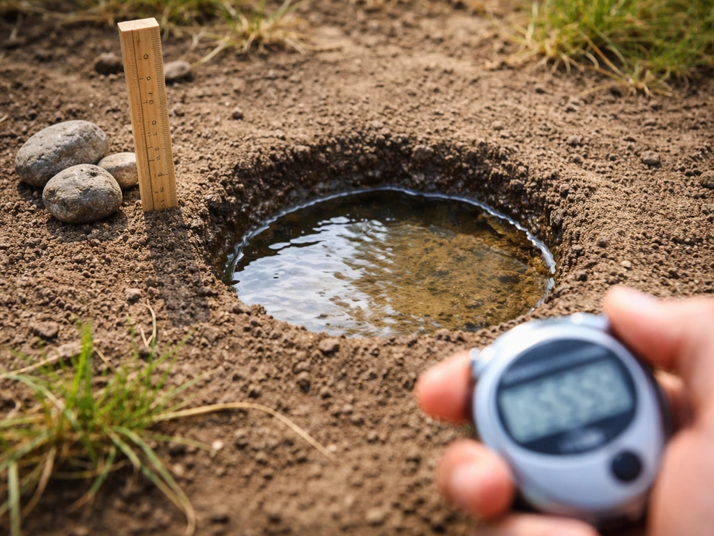 A small dug hole with water draining into the soil, with simple measurement tools nearby.