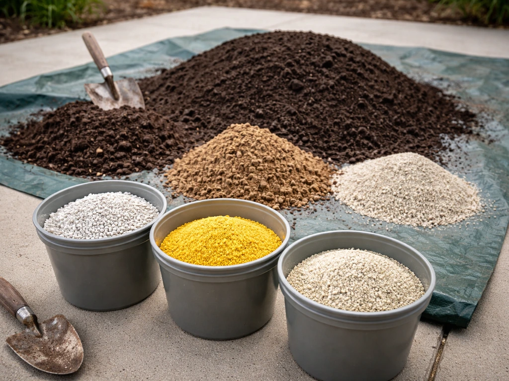 Soil amendment ingredients—compost, conditioner, lime and sulfur—staged on a concrete mixing area.
