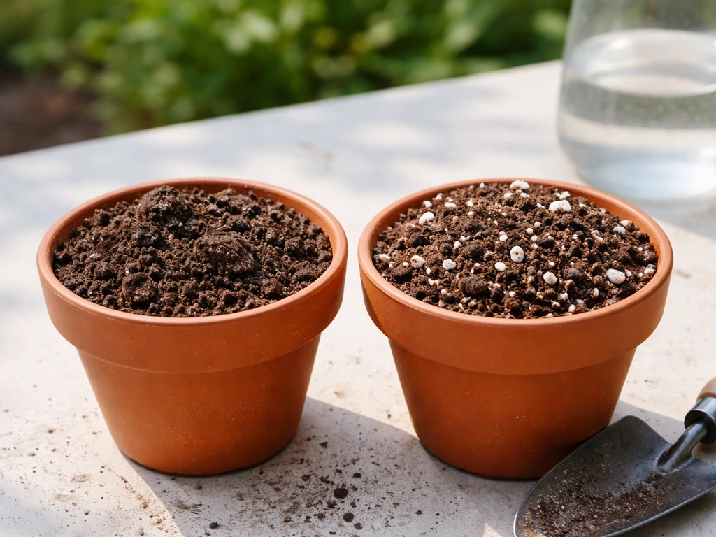 Close-up of two small plant pots: one with compacted field soil and one with fluffy potting mix