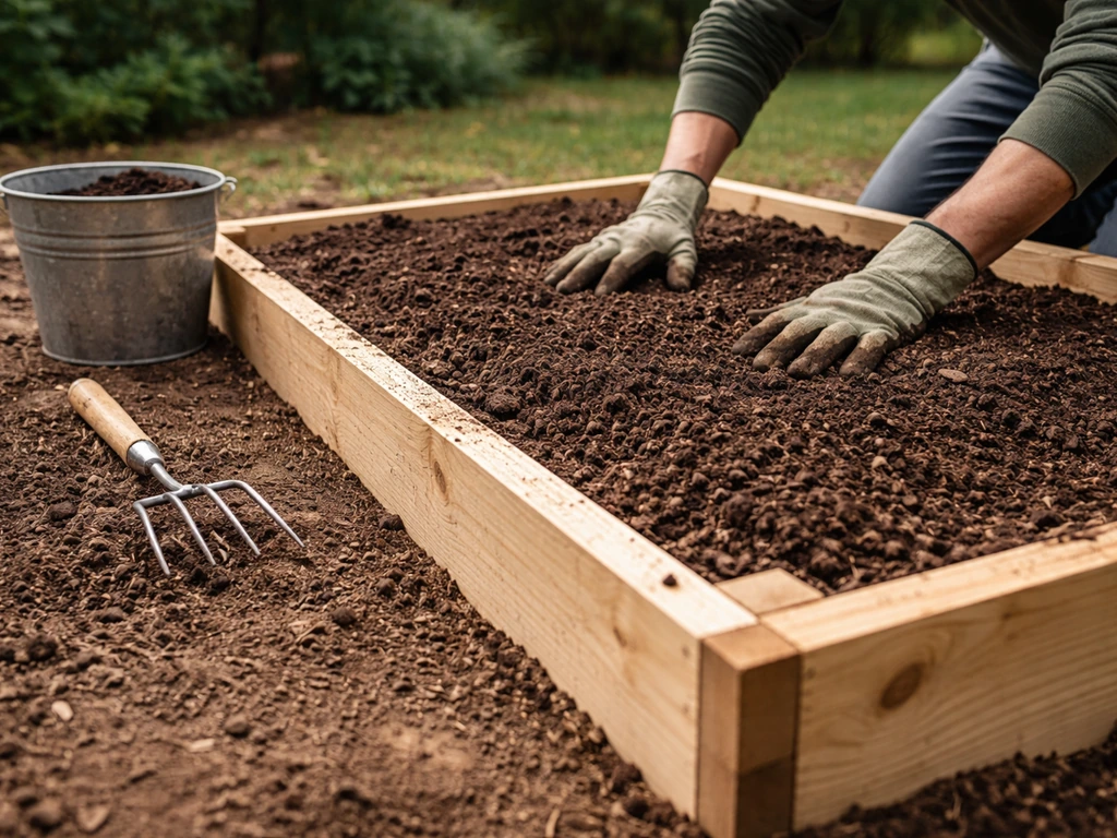 Hands spreading and leveling fresh soil/compost in a newly prepared raised garden bed, bucket and fork nearby.