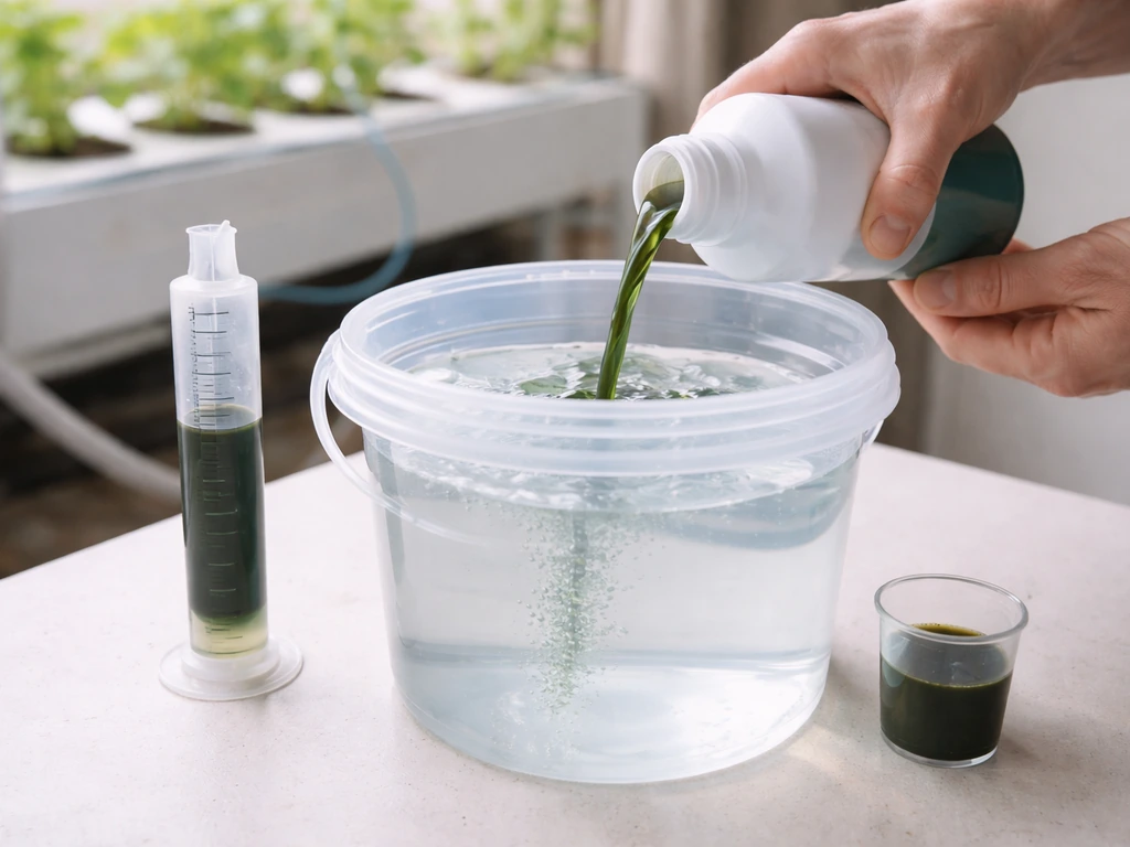 Hands mixing hydroponic nutrient concentrate into a clear reservoir using a measuring syringe
