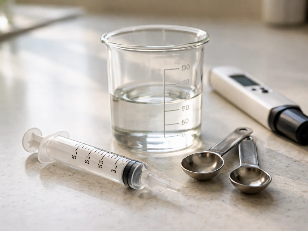 Close-up of a measuring syringe with 2.5 mL and 5 mL markings beside a beaker for per liter and per gallon