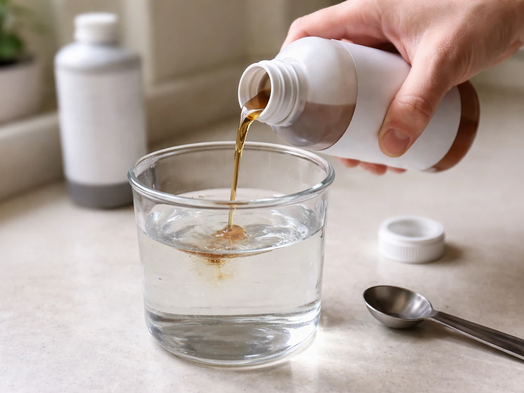 Hands pour nutrient from a bottle into a partially filled water container, water line visible.