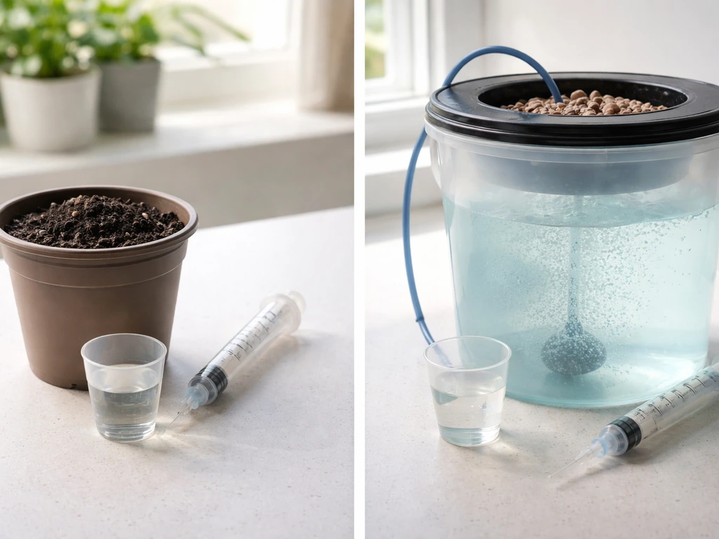 Side-by-side soil pot and hydroponic bucket with syringes and measuring cups indicating different dosing setups.