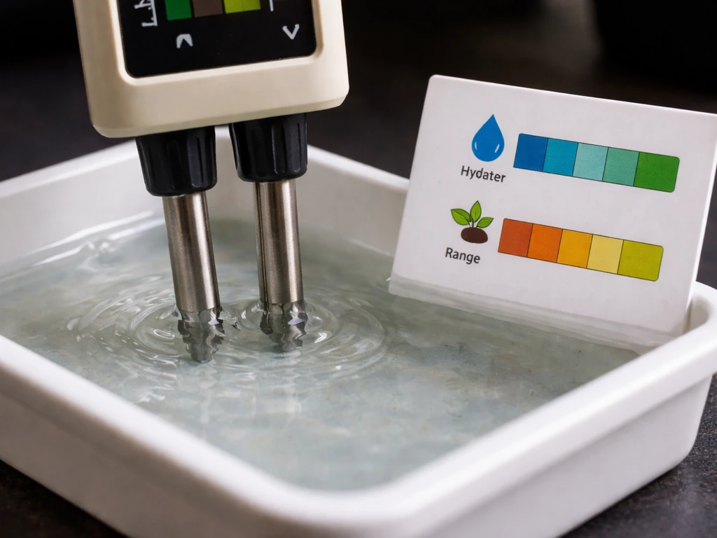 Close-up of pH/EC meter probe tips in nutrient solution with small range card beside them.