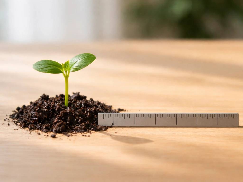 Small plant seedling in soil next to a simple ruler showing a baseline timeframe
